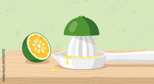 Fresh Calamansi Squeezed For Juice With Juicer Still Life Illustration