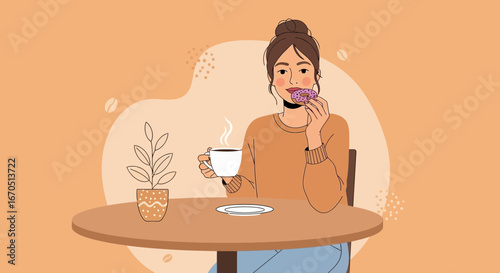 Illustration Of Young Woman Enjoying Coffee And Donut At Cafe Or Home