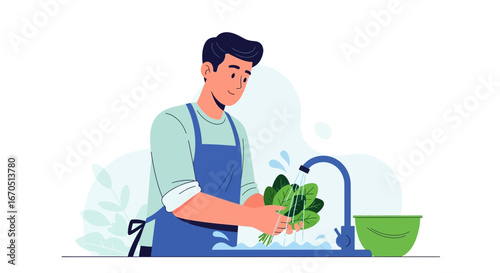 Fresh Greens Preparation Man Washing Spinach Leaves Under Running Water