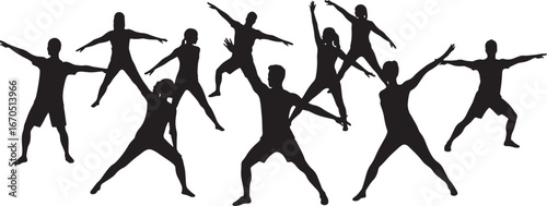 Group of people exercising or dancing with their arms raised