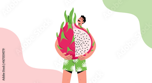 Joyful Man Embracing Exotic Dragon Fruit Refreshing Summer Vibe Illustration