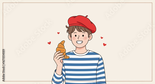 Joyful Parisian Boy With Croissant In Love Illustration Stock Image