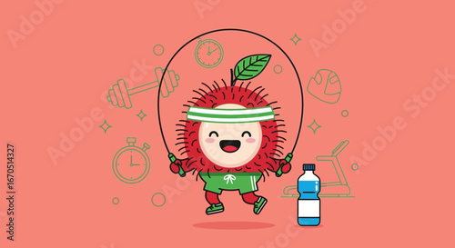 Funny Cartoon Lychee Character Skipping Rope In A Gym Background Illustration