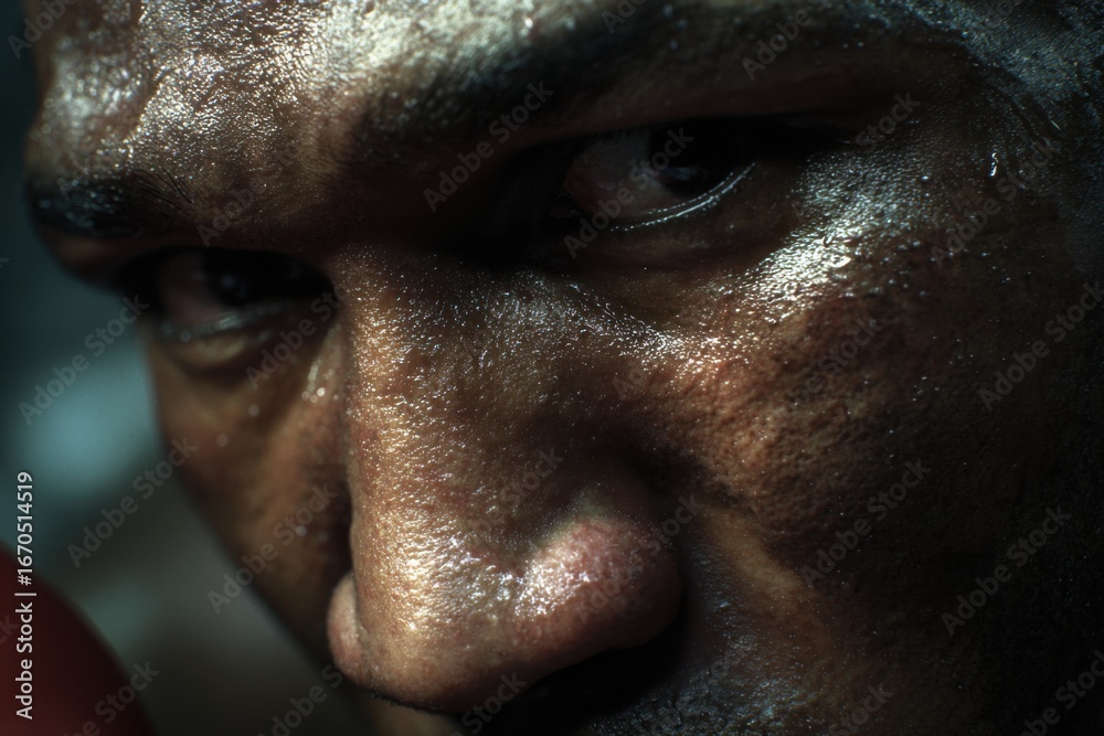 Obraz premium A close-up shot of a sweaty man's face, with a focused and determined expression. The image conveys the intense effort, pain, and dedication of a challenging workout or fight.