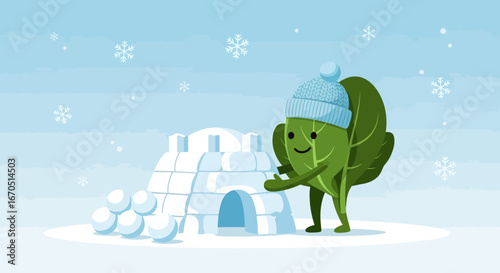Leafy Character Building An Igloo In A Winter Wonderland Setting Illustration