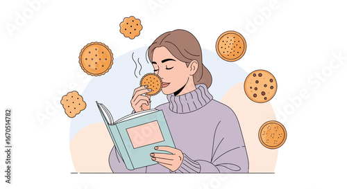Leisurely Indulgence Woman Enjoying Cookies And Book During Relaxing Break Time