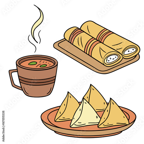Illustration of indian snacks and tea, featuring samosas and spring rolls