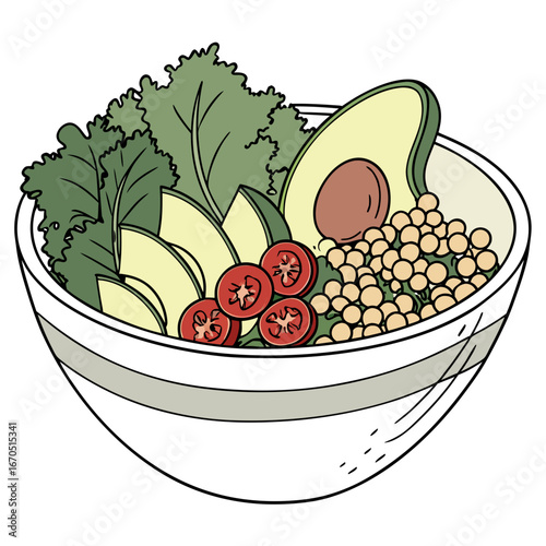 Illustration of a vegan salad bowl with avocado, tomato, and chickpeas