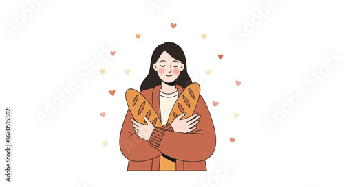 Girl Embracing Baguettes, Cozy Bakery Scene With Loving Baked Goods