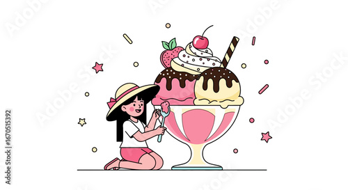 Girl Enjoying A Delicious Ice Cream Sundae On Summer Vacation Time Treat