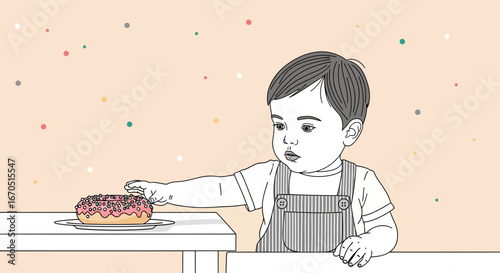 Little Boy's First Encounter With Tempting Sweet Donut With Sprinkles on Plate