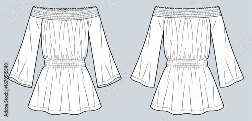 Women Off-Shoulder Mini Dress Fashion Flat Sketch. Smocket Dress fashion flat technical drawing template, low waist, flared sleeve, front and back view, white, women CAD mockup.