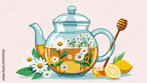 Glass teapot with chamomile tea, lemon, and honey for soothing relaxation