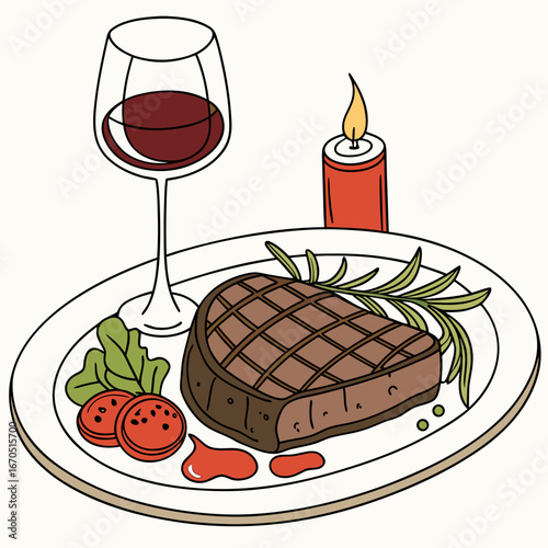 Steak, wine, and candle on a plate for a romantic dinner
