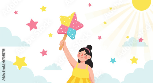 Little Girl Holding Star Wand in Sunlight with Clouds Cartoonish Design