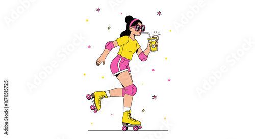 Girl Enjoying Summer Time Roller Skating and Sipping Refreshing Drink