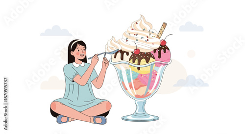 Girl Enjoys Eating Ice Cream Sundae Dessert Sweet Happiness Summer Time