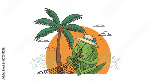 Lonely Cactus Under Palm Tree In Beach Vacation With Summer Scene Design