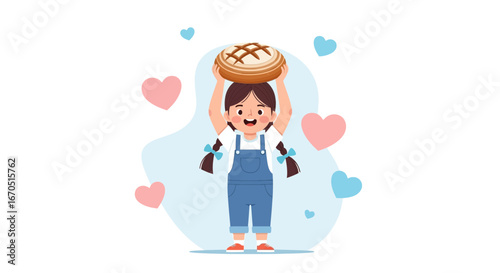 Little Girl Proudly Presents A Delicious Homemade Round Loaf Of Bread