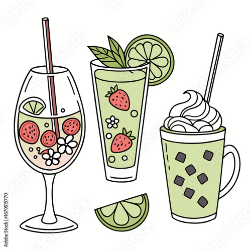 Three refreshing drinks with strawberry, lime, and mint