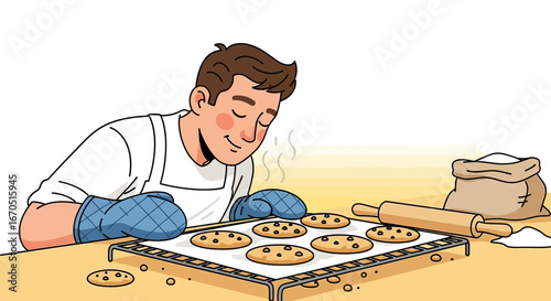 Man Baking Chocolate Chip Cookies Appreciates the Freshly Baked Sweet Aroma