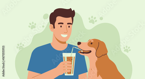 Man And Dog Sharing A Drink Together Enjoying A Refreshing Beverage