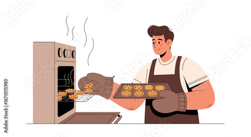 Man Baking Cookies In The Oven At Home For Family Meal Preparation