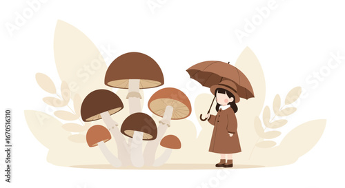 Girl With Umbrella Encountering Giant Mushrooms In An Autumnal Setting