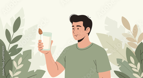 Man Enjoying Refreshing Glass of Almond Milk Amidst Lush Greenery
