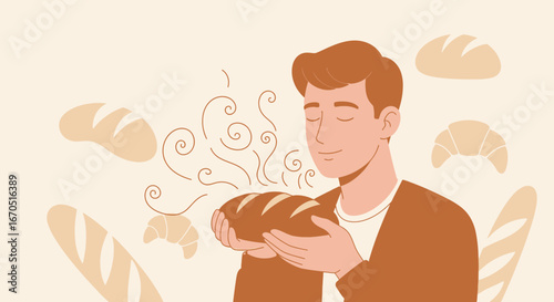 Man Enjoying The Aroma Of Freshly Baked Bread With Other Breads Around