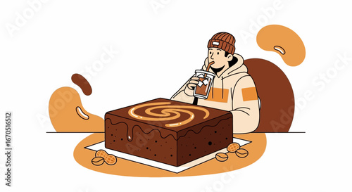 Man Enjoys Delicious Brownie With Iced Coffee In Relaxed Cafe Atmosphere