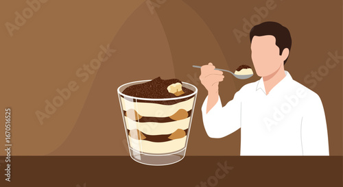 Man Enjoys Dessert Glass Of Tiramisu Creamy Pastry Cocoa Indulgence Delicious Moment