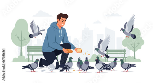 Man Feeding Pigeons In a City Park With Bread Slice Kindness Scene