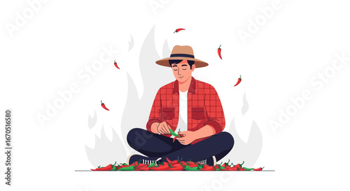 Man Harvesting Chili Peppers Sitting Cross Legged On a White Background