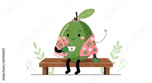 Guava Character Enjoying Hot Beverage Wrapped In A Floral Shawl On Bench