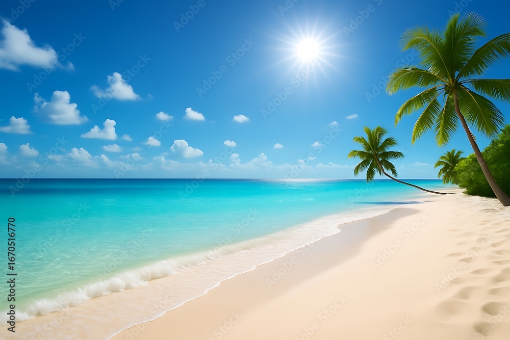 Fototapeta premium Serene tropical paradise beach with turquoise waters and palm trees under bright sunlight