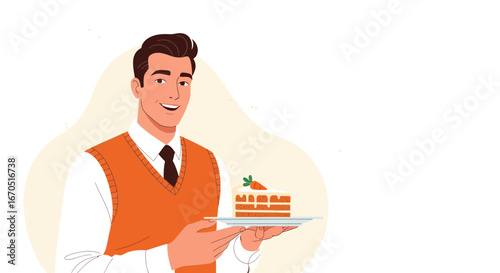 Handsome Man Holding a Plate of Carrot Cake on White Background Isolated