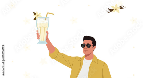 Man Holding Vanilla Milkshake With Vanilla Bean Decoration Ready To Drink