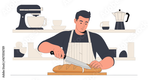 Man In Apron Slicing Bread Loaf In Minimalist Kitchen Illustration