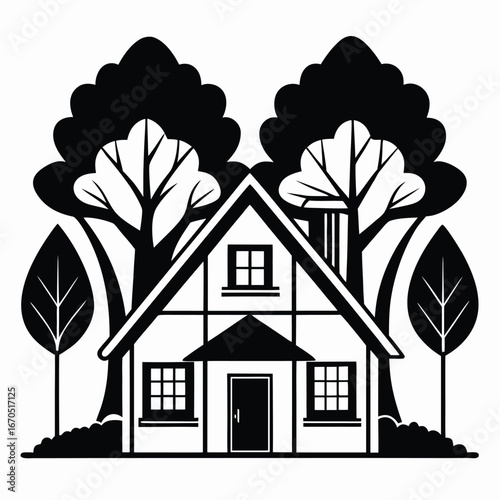 Black and white illustration of a house with trees home nature