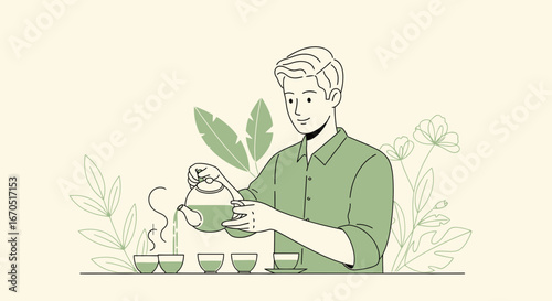 Man Pours Herbal Tea From Teapot During Quiet Moment With Nature