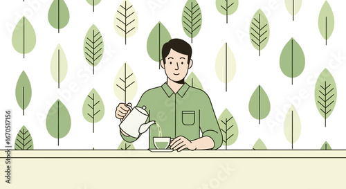 Man Pouring Herbal Tea On A Morning Relaxing At Cafe With Green Leaves