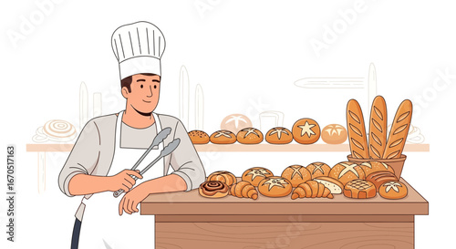 Happy Baker With Fresh Breads Presenting A Variety Of Homemade Bakery Products