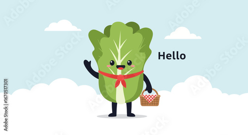 Happy Bok Choy Greets With a Basket in the Sky Cartoon Illustration