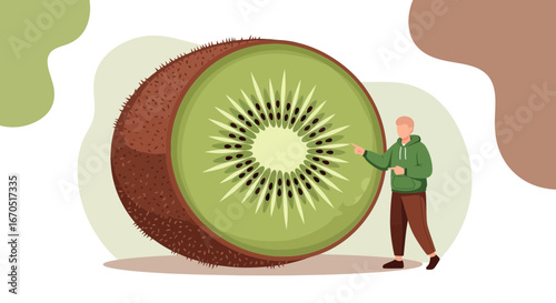 Man Presenting Healthy Eating Featuring Sliced Kiwi Fruit In Nutrition Presentation