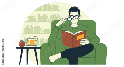 Man Relaxing At Home Reading Book In Armchair Near Tea And Bookshelf