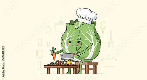Happy Cabbage Chef Preparing a Fresh Meal With Kitchen Utensils Background