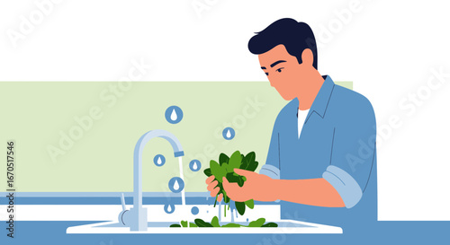 Man Washing Fresh Green Spinach In The Kitchen Sink Preparing Healthy Meal