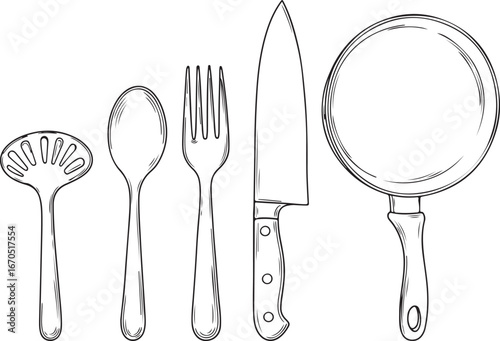 Hand Drawn Kitchen Utensils and Cooking Pan Outline cutlery knife
