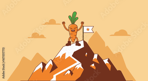 Happy Carrot Conquers Mountain Summit Achieving Healthy Lifestyle Goals